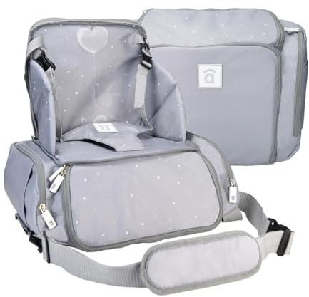 Asalvo BOOSTER SUSHI Trona Portátil Bebé para Viajes y Comidas Fuera, Tronas de Bebé Compactas con Bolsillos para Accesorios, Trona Plegable y Portátil para Bebés con Arnés de Seguridad, Gris