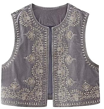 Qianderer Chaleco vintage bordado floral Y2k de lino sin mangas con frente abierto, chaleco de flores de moda para mujer