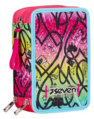 Seven Federmäppchen, Mäppchen, Mehrfarbig, Federtasche für Schreibwaren, Etui komplett mit Bleistiften, Filzstiften, Schulmaterial, mit 3 Fächern, Mädchen, Schule - Grundschule, XXL rosa lila