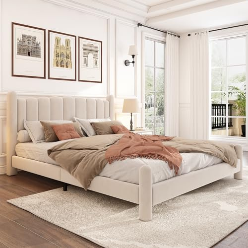 Moimhear Letto matrimoniale imbottito con rete a doghe e testiera, elegante testiera con taglio ondulato, piedini cilindrici di supporto in velluto, per ragazzi e adulti, beige (180 x 200 cm)