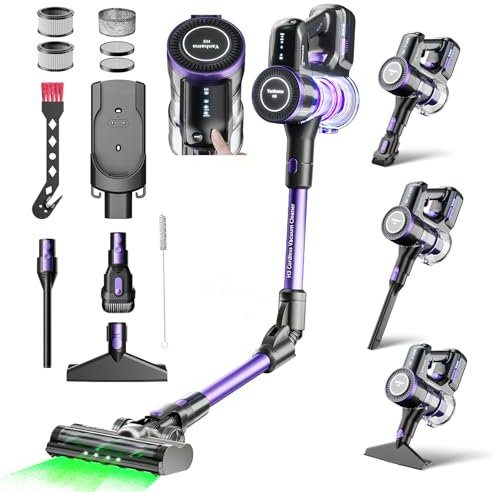 Yanhama 45Kpa/550W Aspiradora sin Cable,Aspiradora Escoba sin Cable con Batería Extraíble de 21.6V,60 min de Autonomía,Aspiradora Autocargable,Tubo Flexible,4 Programas,Luz Verde,1.5L (Violeta)