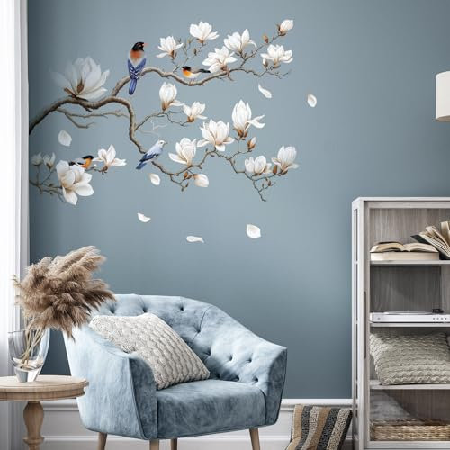 SHUCHING Wandtattoo Weiße Blumen, Wandaufkleber Magnolie, Selbstklebend Wandsticker für Wohnzimmer Schlafzimmer Küchef - Linke