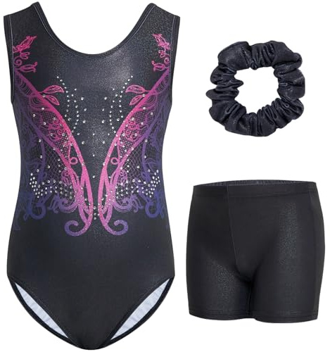 Gogokids Ärmlös gymnastiktröja set för flickor, tre delar med shorts och hårgummi, barngymnastik, outfits med cutouts och korsad design, glitter, balett-onepiece för ålder 3–12