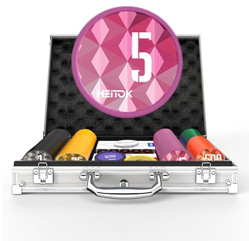 HEITOK Pokerset mit nummerierten Chips, 200 Stück 11,5 g gewichtete Casino Chips, 5 Würfel, 2 Decks mit wasserdichtem Pokerkoffer für Texas Holdem Spiele & Blackjack