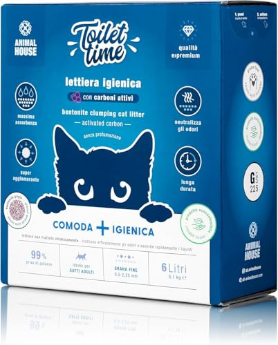 Animal House Toilet Time, 6L Litière de Bentonite au Charbon Actif pour Chats, Antistatique et sûre, Ultra Absorbante, Aggglomérante, Retient Les odeurs 5,1 kg (Charbon Actif, 6L)