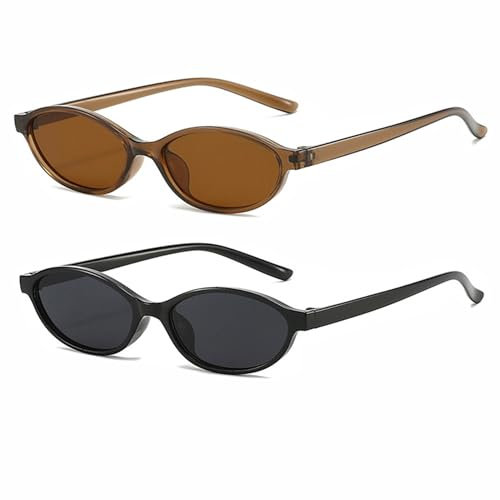 FSMILING 2 Stück Vintange Oval Cateye Sonnenbrille Damen Ovale Retro Sonnenbrille Trendy 90er Klein Schmal Katzenaugen Brille,Schwarz/Braun