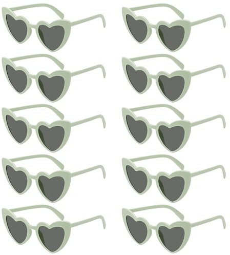 SelfTek Lot de 10 lunettes de soleil en forme de cœur, lunettes vintage en forme de cœur, lunettes rétro œil de chat, lunettes d'amour multipack tendance et funky pour femme, vert sauge, 15cm