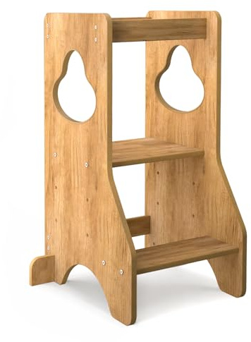 COSYLAND Torre de Aprendizaje Montessori de Madera para Niños Desde 18 Meses – Altura Ajustable en 3 Niveles – con Barandillas de Seguridad – Estable y Fácil de Montar – 80CM, Natural, Disco