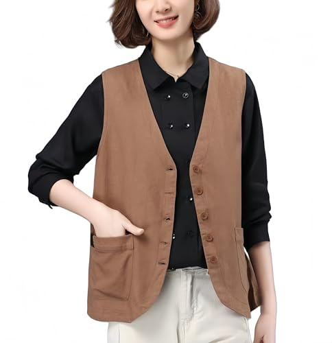 YONGHONGKEJI Chaleco De Mujer,Chaleco De Lino Y Algodón para Mujer Holgado Sin Mangas Chaqueta Ligera De Verano Blazer De Traje con Cuello En V Y Bolsillos Cárdigan Informal Liso con Botones.