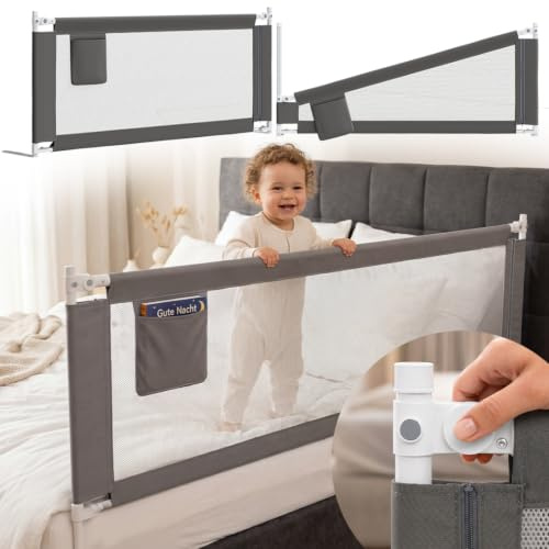 Bellabino Drina Rausfallschutz – Bettschutzgitter 150 cm Dunkelgrau – Bettgitter höhenverstellbar 69-99 cm – Baby Bettumrandung inkl. Seitentasche Schutzgitter mit Sicherheitsgurt Bett/Kinderbett