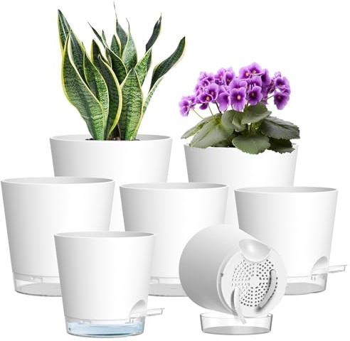 WSMKSZ 7er Set Blumentopf Selbstbewässernd, 20/17,6/16,3/15/13,8/12,5/10,2 cm Kunststoff Pflanztöpfe mit Transparentem Wasserreservoir, Sichtbarer Wasserstand & Abflusslöchern, mit Baumwolldocht, Weiß