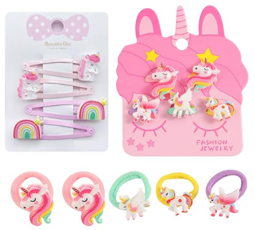 THQAE 4 mollette capelli bambina e 5 elastici per capelli, con unicorno, fermagli capelli bambina, per ragazze, con glitter, simpatici supporti per coda di cavallo, per ragazze, compleanni (B)