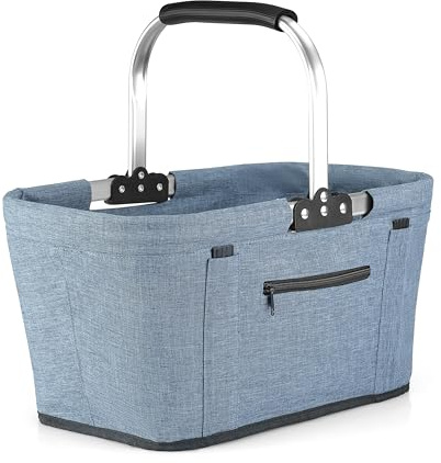 Yeabett 22 l vikbar shoppingkorg med 4 stödstänger | stabil bärkorg och picknickkorg | stor hopfällbar korg för familj (43 x 27 x 23 cm) | Med vadderade handtag | för shopping, resor, camping (denim)