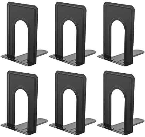 JIKIOU Book Ends Universal Premium Bookends for Shelves, Non-Skid Bookend, Heavy Duty Metal Book End, Book Stopper for Books/Movies/CDs/Video Games, 6.69 x 4.9 x 4.3 in, Black (3 Pairs/6 Pieces)
