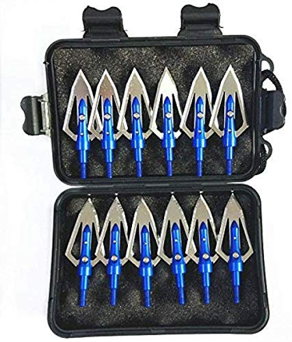 ZZUUS 12Pcs Punte Piatte in Acciaio Blu da 100 grani 0 9 Punte di Freccia per tiro con L'Arco Tagliate con Custodia in plastica