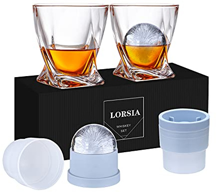Zeilako Whiskyglas, 4er Set (2 Kristallglas, 2 große Eiskugelformen) in Geschenkbox - 330ml Whiskygläser für Scotch Cocktail Rum Cognac Wodka Liköre, einzigartige Geschenke für Männer