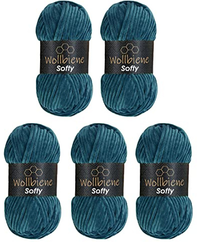 Wollbiene Softy 5 Ovillos de Lana de Chenilla para Tejer - 100g Cada Uno, 500g Total - Hilo Súper Voluminoso para Bebé - Azul Petróleo 36