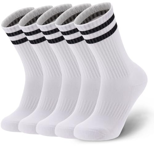 Ultrafun 5 Pairs Striped Crew Socks Cotton Cushioned Athletic Sports Running Socks for Men Women Teens (Large, White)