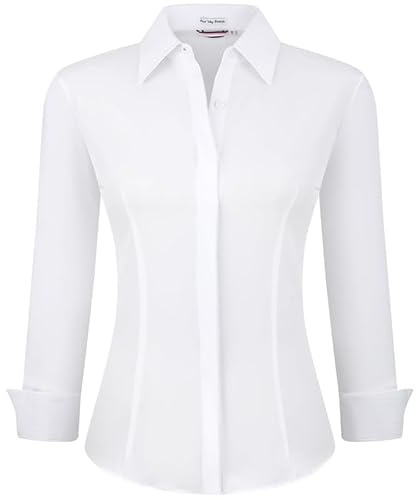 Esabel.C Womens Button Down Shirts Wrinkle Free Long Sleeve Regular Fit Stretch Work Blouse, White, L
