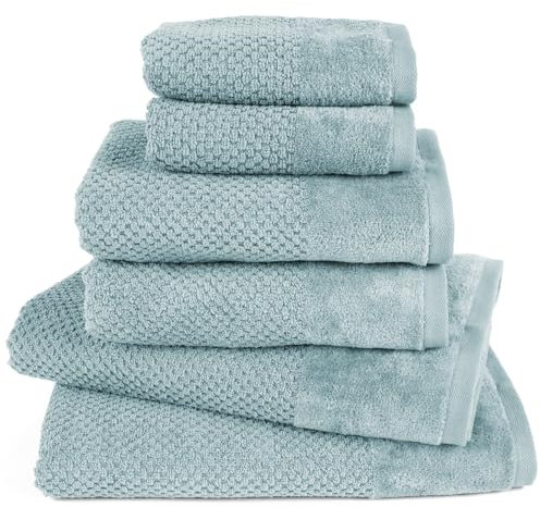 Pure Label 6-TLG. Handtücher Set mit Aufhängeschlaufen aus 100% Baumwolle, saugstark und weich - 2X Badetuch (70x140 cm) 2X Handtuch (50x100cm) 2X Gästetuch (30x50 cm), Türkis