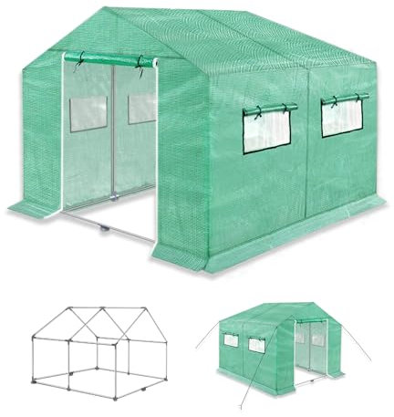 MAYTIIMO 6㎡ Gewächshaus aus Verzinkter Eisenrahmen, Gartengewächshäuser mit Folienzelt und Netzfenstern, Treibhaus Folientunnel Winterfest Tomatenhaus für Grüne Tomaten(Grün, 3x2x2m)