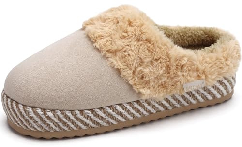 ONCAI Zapatillas Casa Mujer Pantuflas de Espuma de Yoga Calentitas Peludo Faux Fur Gamuza Sopporte del Arco del Pie Suela de Goma Antideslizante Invierno Interior/Exterior Beige/Khaki Talla 38