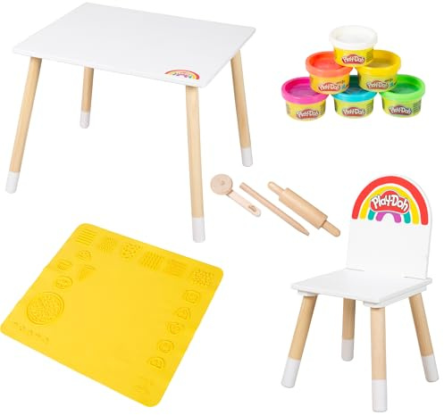 roba x Play-Doh Kreatives Sitzgruppen-Set - Spielset aus FSC-zertifiziertem Holz mit 6 Knetdosen, 3 Holzwerkzeugen, großer 3D-Kreativmatte & Tisch-Stuhl-Kombination - Schönes Geschenk ab 3 Jahren