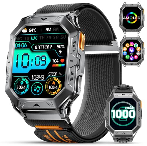 FEELNEVER Militär smartklocka för män med 1 000 mAh batteri, 2,13 tum Amoled stor smartklocka med svar, ring samtal, hjärtfrekvens/blodtrycksssömnmätare, 5 ATM vattentät sport fitnessklocka, nylonrem