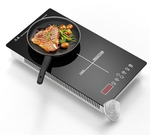Gveyajo Double Induction Hob, 3500W Portable Dual Zone Electric Cooker with 2000W+1500W Heating Zones, 8 Power Levels, Timer, Child Lock, Built-in or Countertop Induction Cooktop 220-240V