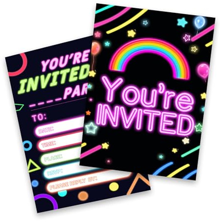 20PCS Neon Rainbow Party Invitations, Neon Theme Party Invitation Rectangular Cards, Glow in The Dark Vibrant Invite Cards for Kids Birthday Game Nights Disco Festival Rave Parties Themed Celebrations