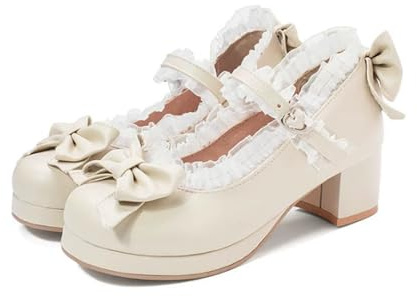 OTMYIGO Chaussures à Plateforme Mignonnes pour Femmes, Talons épais Mary Jane, nœud et Bordure en Dentelle, Escarpins de soirée,Beige,44 EU