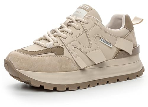 MiaZane Scarpe da Ginnastica Donna Platform Chunky in Pelle Traspirante Antiscivolo Suola Morbida Sneakers Casual per Corsa E Passeggiata in Strada,Apricot Fleece,36 EU