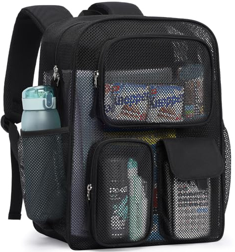 PACKISM Mesh Backpack for School - 17 Inch Large Heavy Duty Mesh Bookbag for Boys Girls, See Through School Backpack with 3 Front Pockets for Students, Black (Age 12+)