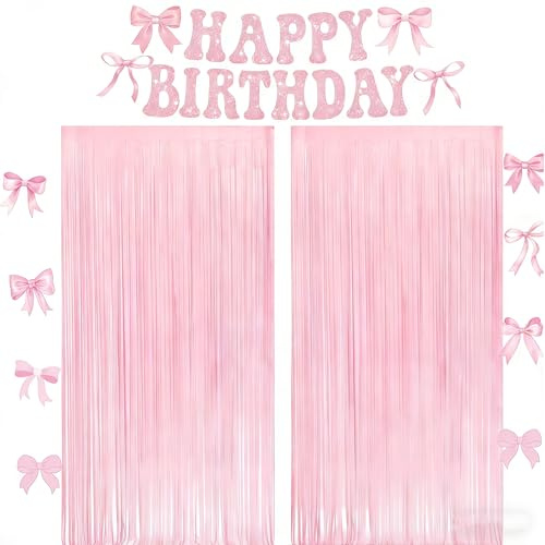 Bafutayawa Set de Decoración de Cumpleaños Rosa para Niñas Guirnalda de Feliz Cumpleaños con Lazo y 2 Cortinas de Flecos Brillantes para Fiesta Estética Coqueta para Mujeres y Princesas