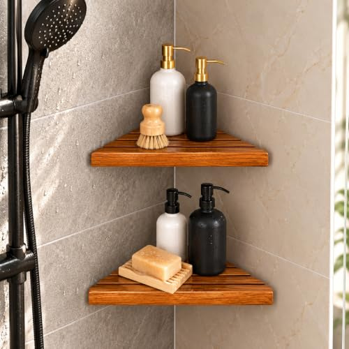 Étagère d'angle triangulaire en bois d'acacia à 2,3 niveaux, étagère d'angle de salle de bain pour mur carrelé, étagère d'angle de douche