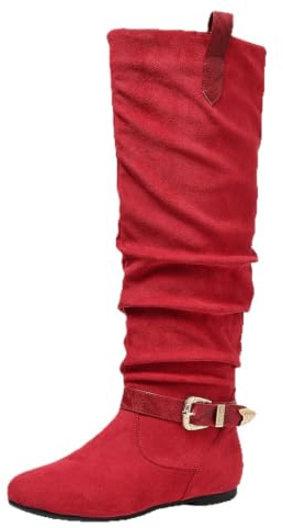 Slouchy rynkade knähöga stövlar för kvinnor platta western cowboy ridstövlar, Röd mocka spänne, 39.5 EU | med spänne nit rem dekor vardagliga höga vinterstövlar för semester fest shopping gatustil födelsedag