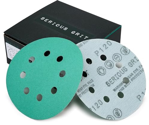 Serious Grit Sanding Discs 5 Inch 8 Hole 120 Grit - Heavy-Duty Hook & Loop Wet Dry Film Sandpaper Discs - Fine Grit Sand Paper for Random Orbital Sanders - Wood, Automotive, Metal, etc - 50 Pack Box