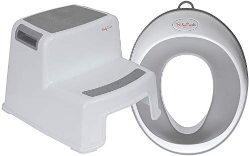 Babycurls Toilet Training Kids Non Slip Up Double Step Stool 26.5cm + Toilet Training Seat Combo Unisex White/Grey for Safe Toddler Loo Potty Training in The Bathroom and Home