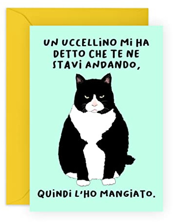 Central 23 Biglietto di partenza per amico collega - UN UCCELLINO MI HA DETTO CHE TE NE STAVI ANDANDO - divertente biglietto di auguri per uomo donna - disegno gatto - biglietto d'addio