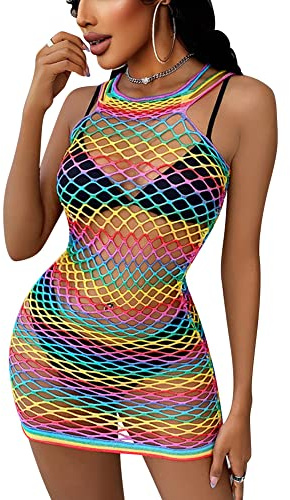 Tenues raves pour femme - Mini robe moulante rayée en résille arc-en-ciel - Body creux - Pour boîte de nuit, bikini, festival, Arc-en-ciel coloré #14, taille unique