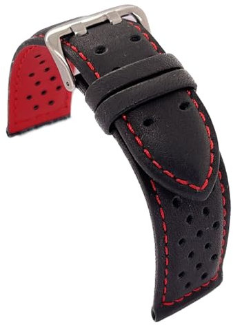 diloy Cinturino pelle liscia forata rally racing – Cuciture e fodera colorate – Misure 18mm 20mm 22mm 24mm – Nero con rosso blu giallo arancione bianco – Design sportivo 380 Nero E Rosso 22mm