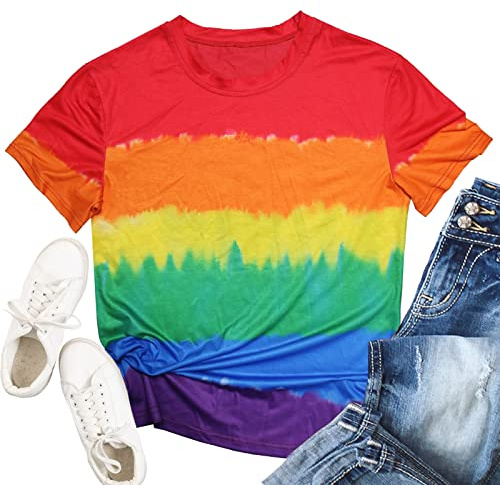 Pride Shirts for Women Gay Rainbow Flag Tie Dye T Shirt Crew Neck Casual Tees
