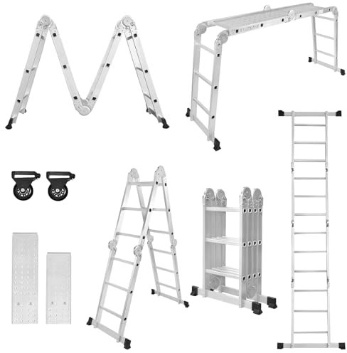 Aufun Échelle multifonction en alliage d'aluminium, échelle d'échafaudage, jusqu'à 150 kg, 16 marches avec 2 plaques d'échafaudage, argent