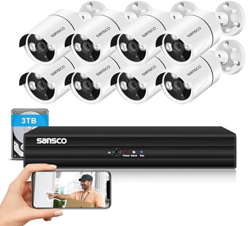 SANSCO 8 Channel 5MP DVR CCTV Camera System, 3TB Hard Drive for 24/7 Recording, 8pcs 3K Outdoor Security Cameras, Night Vision, Face/Human Detection, Waterproof, Easy Mobile Viewing