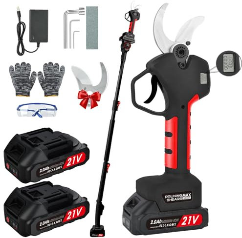 Tijera de Podar Electricas de 50mm con Alargador: Tijeras de Podar Bateria Profesional con 2 Baterías de 21V/2000 mAh-Podadora Eléctrica con pantalla LCD para Jardinería,Olivos Ramas(Negro)