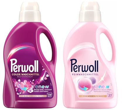 PERWOLL Flüssig-Set 2x 27 Waschladungen (54WL) 1x Color Blütenrausch & 1x Für Wolle & Feines, Feinwaschmittel erneuert Farben und Fasern & Feinwaschmittel glättet und verhindert Knötchen