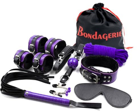 BONDAGERIE® Kit per coppie di 8 Accessori viola e nero, Manette Frustino collare corda sacco in raso incluso