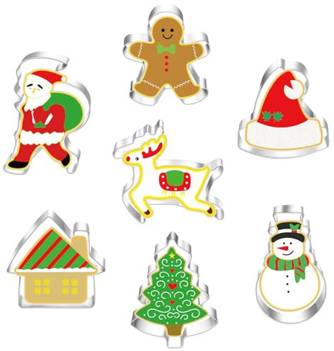Large Christmas Cookie Cutter Set - 7 Piece - Santa, Reindeer, Gingerbread Man, Christmas Tree, Christmas Hat, Snowman, House - Stainless Steel