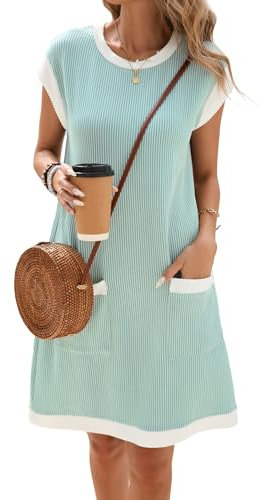 Famulily Womens Summer Casual Sundress Cap Sleeve Round Neck Swing Short Dress with Contrasting Color Block Green M