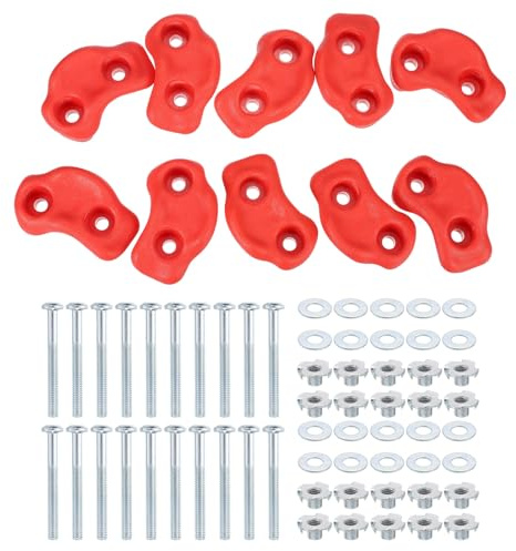 PATIKIL Rock Climbing Holds, 10 Pcs Small Climbing Rock Wall Grips Play Set Climber Attachments with Double Hole for Playground Accessory Indoor Outdoor Tree Training, Red A-Small